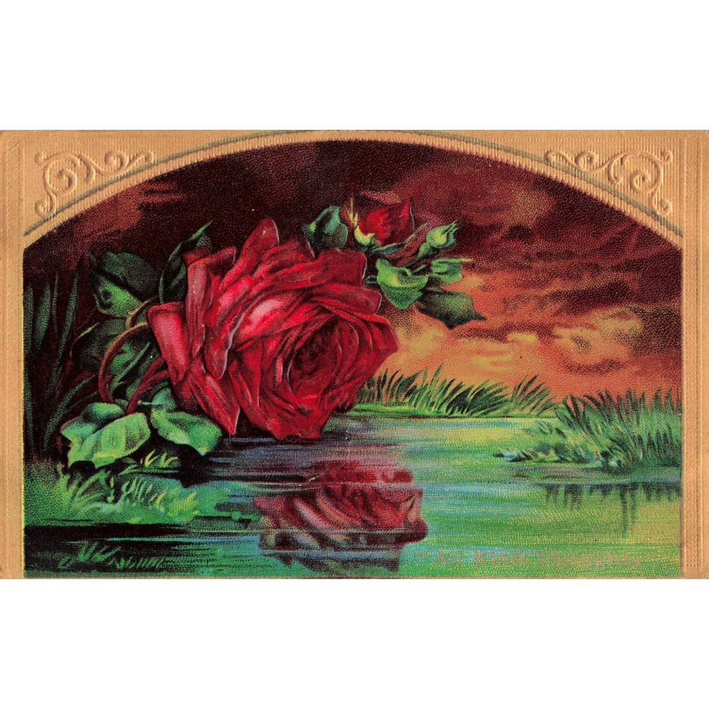 Antique 1910 Red Rose Reflection Postcard Embossed Gold Border 1c Franklin Stamp - Picture 1 of 2
